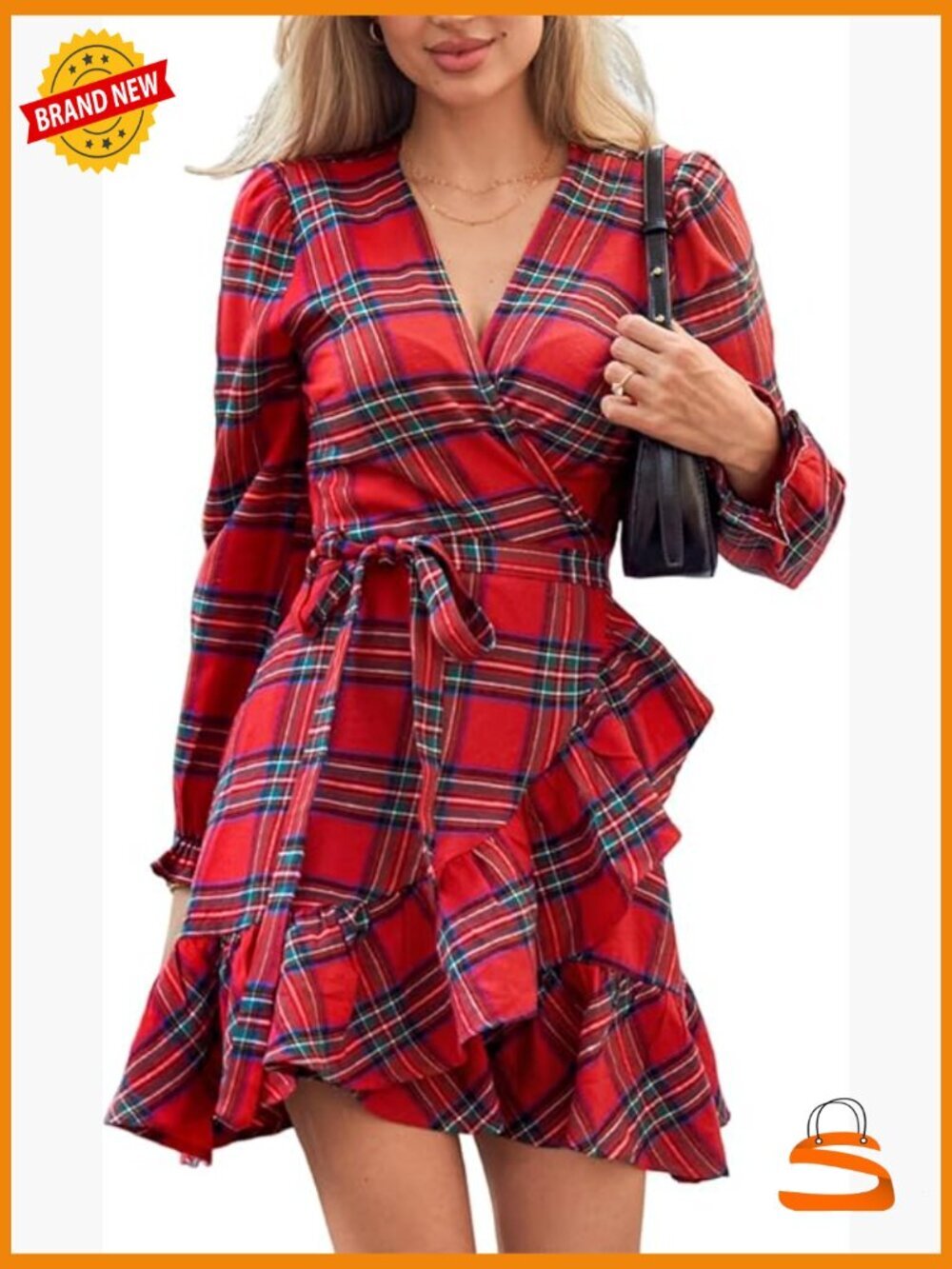 Women Plaid Fall Dress V Neck Ruffle Cuff Long Sleeve Side Tie Wrap Casual Mini